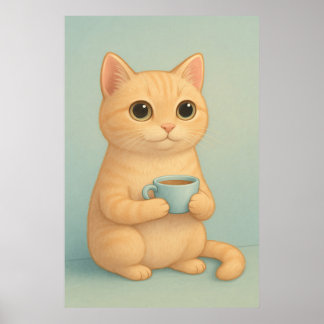 Affiche Cute Cat with Coffee Cup – Adorable Pastel Animal