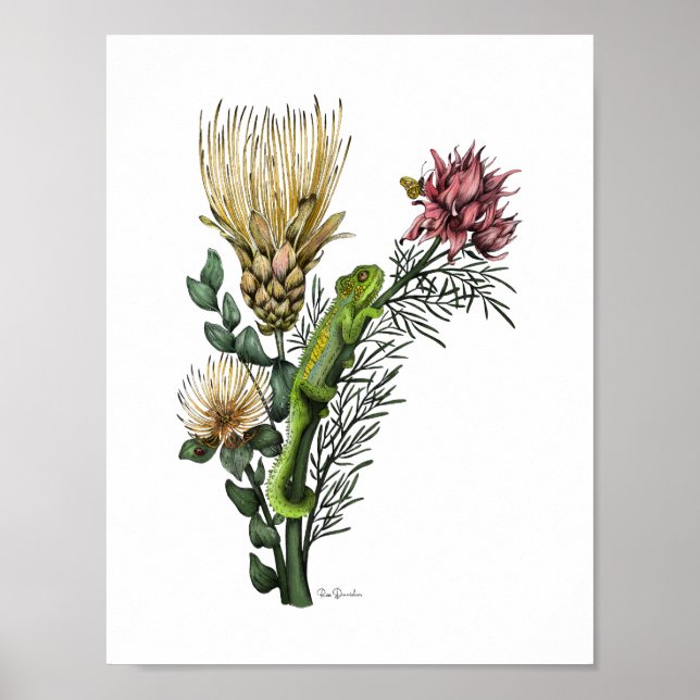 Affiche Cute Chameleon dans Protea Floral Bouquet Botaniqu (Devant)