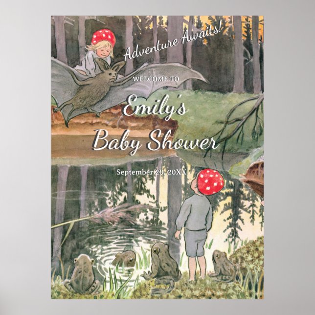Affiche Cute champignons Bois Grenouille Baby shower Bienv (Devant)