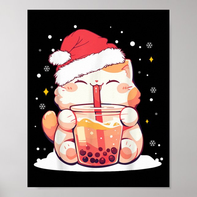 Affiche Cute Chat Boba Lait Buble Thé Noël Santa Chapeau (Devant)