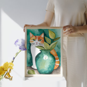 Affiche Cute chat et Turquoise Vase vert Aquarelle botaniq