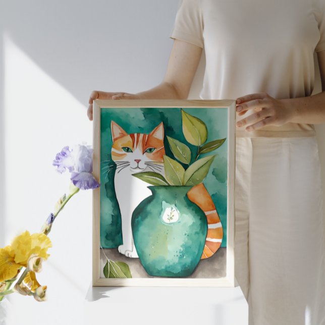 Affiche Cute chat et Turquoise Vase vert Aquarelle botaniq (Créateur téléchargé)
