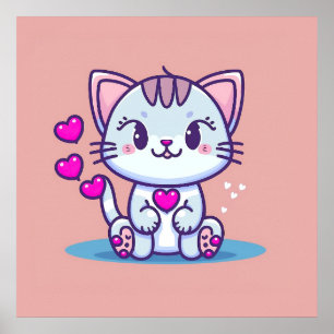 Affiche Cute Chat Kitten avec Coeurs Valentine Inspiré  
