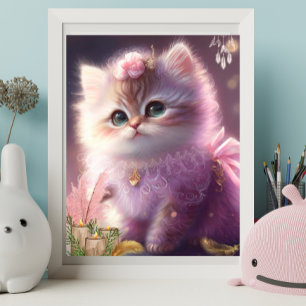 Affiche Cute Chat Kitten en Robe violette Florale Art Nurs