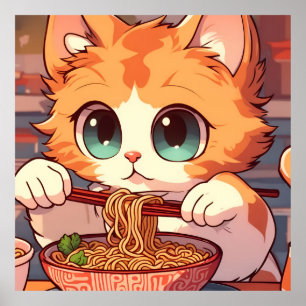 Affiche Cute Chat Mange Ramen nouilles