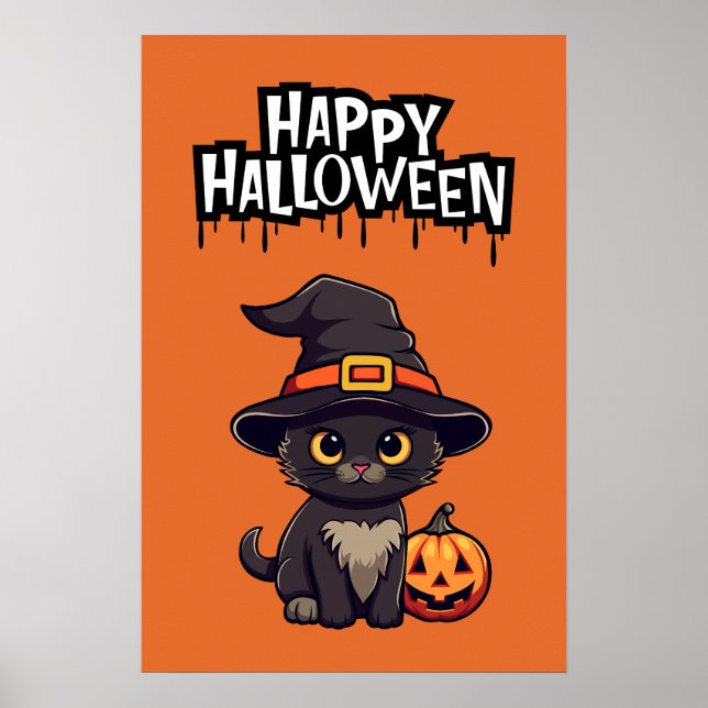 Affiche Cute Chat Noir Avec Citrouille Jack-o'-lantern (Devant)