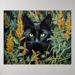 Affiche Cute Chat noir et Fleurs