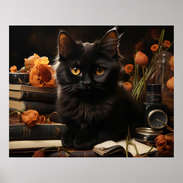 Affiche Cute Chat noir et Fleurs (Devant)