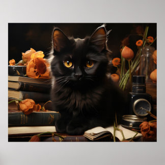 Affiche Cute Chat noir et Fleurs
