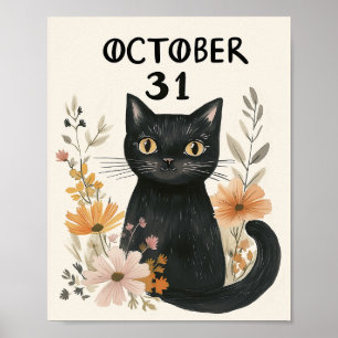 Affiche Cute Chat Noir Halloween Aquarelle Florale