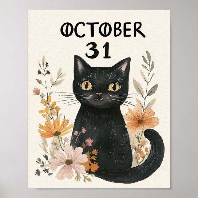 Affiche Cute Chat Noir Halloween Aquarelle Florale (Devant)
