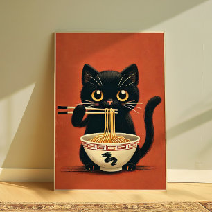 Affiche Cute Chat Noir Manger Ramen Kawaii Mur de nouilles