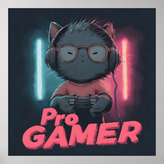 Affiche Cute chat "Pro Gamer" avec casque (Devant)