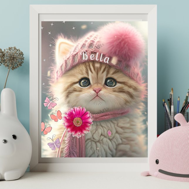 Affiche Cute Chat rose Knit Écarf Casquette Floral Personn (Créateur téléchargé)