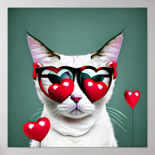 Affiche Cute Chat Valentine's Day Coeurs Lunettes Digital