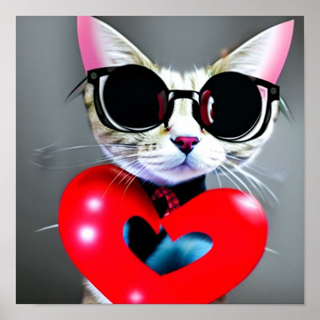 Affiche Cute Chat Valentine's Day Heart Blac Glasses Art (Devant)