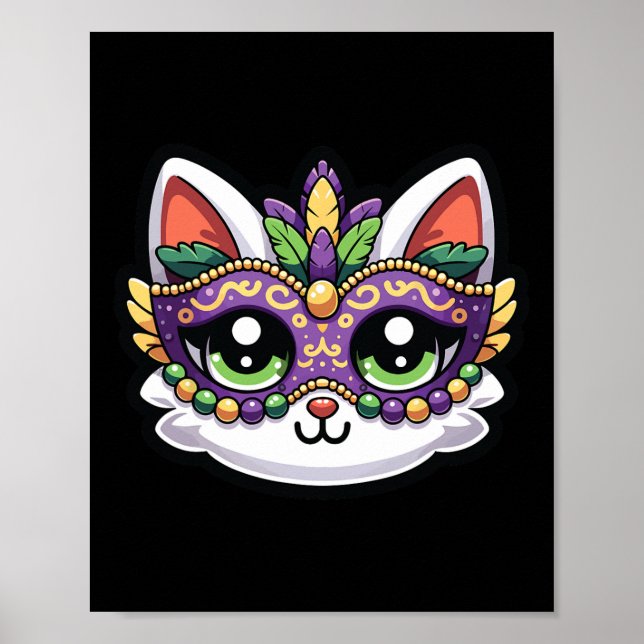 Affiche Cute Chat Whimsical En Masque Mardi Gras Festif (Devant)