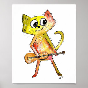 Affiche Cute Chat Whimsical Jouer Guitare