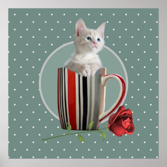 Affiche Cute chaton café tasse photo fleur vert moderne (Devant)