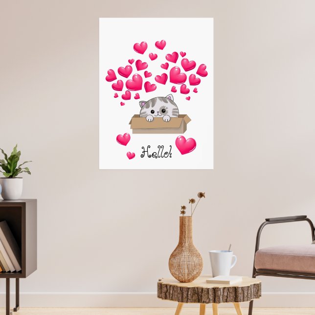 Affiche Cute chaton dans une boîte et les coeurs roses (Salon 3)