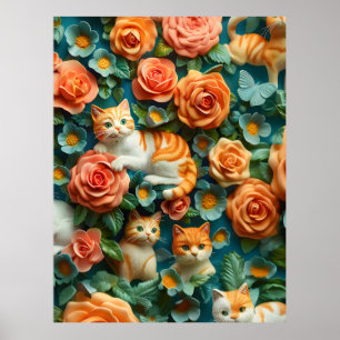 Affiche Cute Chats et Fleurs Design