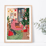 Affiche Cute chats rétro maison Noël à New York<br><div class="desc">Illustration de Noël rétro avec des chats autour du sapin de Noël,  regardant des cadeaux,  allongé sur une chaise avec de la neige tombant à l'extérieur de New York. OEuvre originale de Caroline Bonne Müller</div>