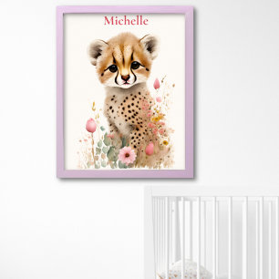 Affiche Cute Cheetah Cub Pastel Aquarelle Fleurs de printe