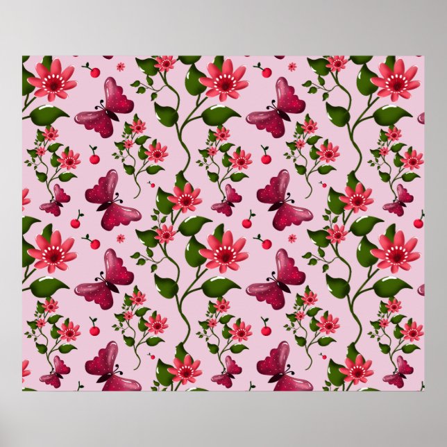 Affiche Cute Cherry Butterfly Pattern, Glossy Kawaii Fruit (Devant)
