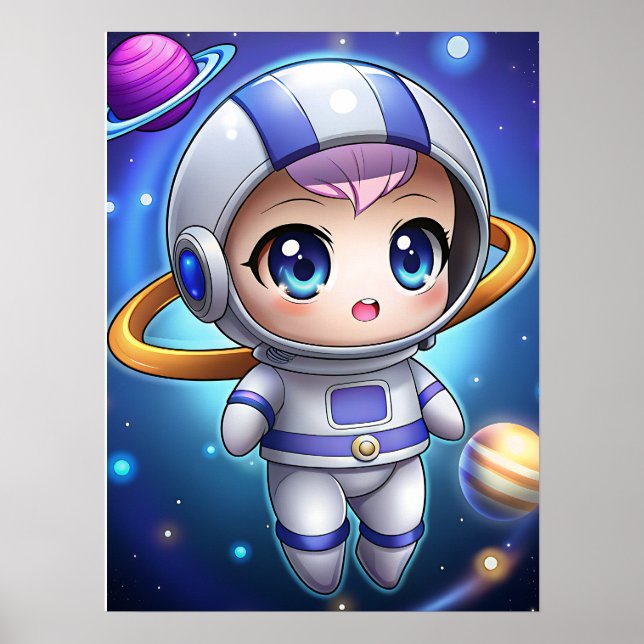 Affiche Cute Chibi Astronaut Girl Space Explorer Kawaii (Devant)