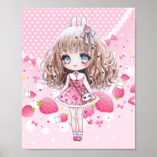 Affiche Cute chibi fille avec des fraises kawaii