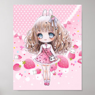 Affiche Cute chibi fille avec des fraises kawaii