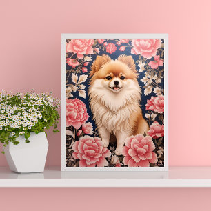 Affiche Cute Chien Poméranien Rose Floral
