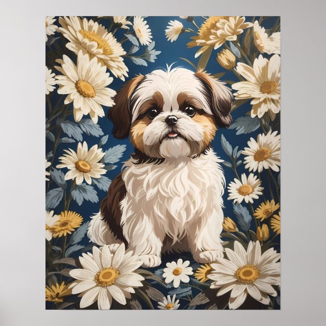 Affiche Cute Chih Tzu Chien Blanc Fleurs De Faisée (Devant)