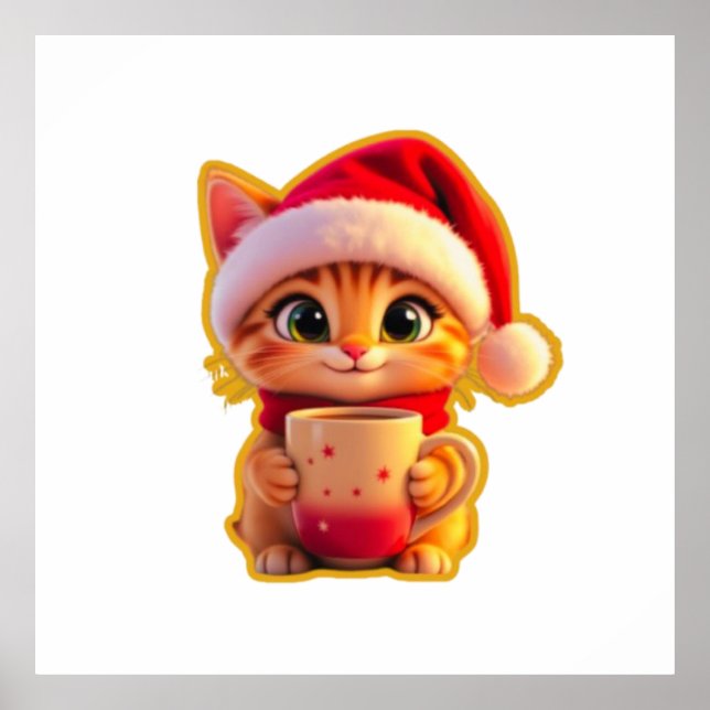 Affiche **Cute Christmas Cat with Santa Hat – Funny Holida (Devant)