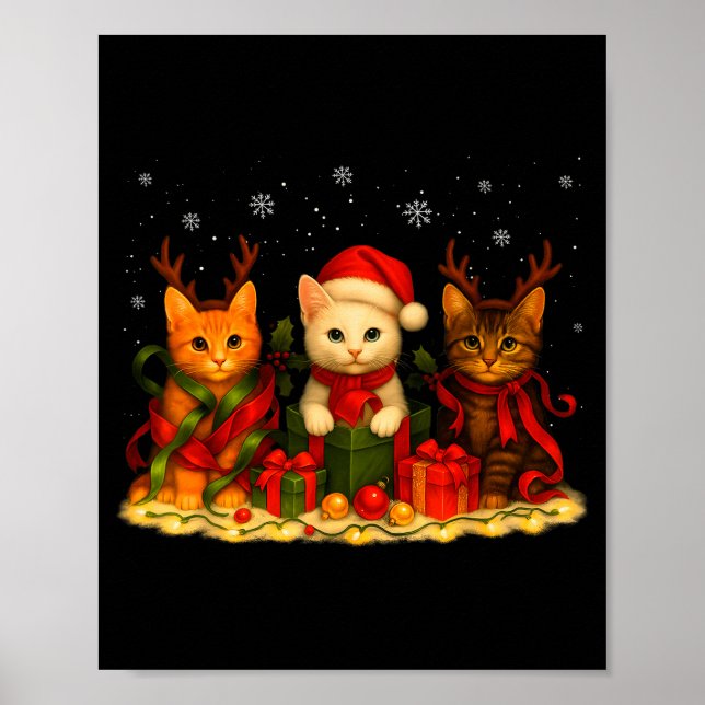Affiche Cute Christmas Cat Xmas Lights Santa Reindeer Cat  (Devant)