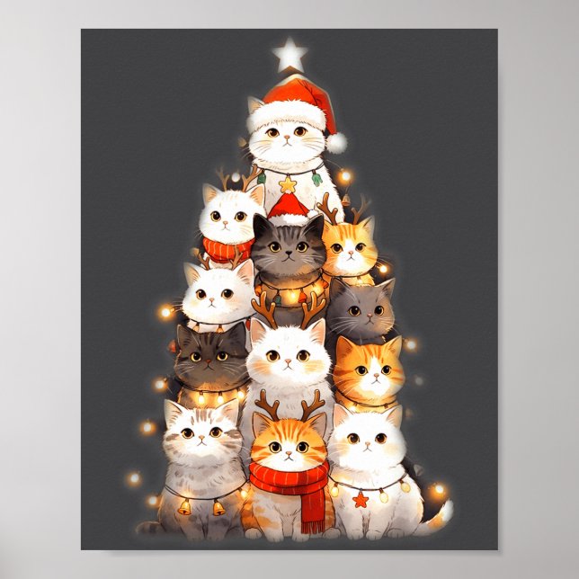 Affiche Cute Christmas Cats Tree Lights Holiday Kittens Il (Devant)
