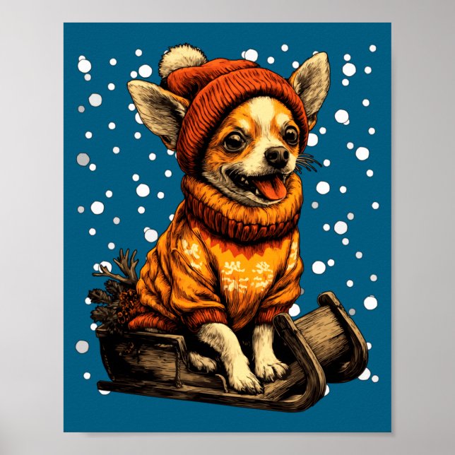 Affiche Cute Christmas Chihuahua Sledding In Snow Funny Wi (Devant)
