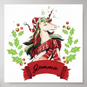 Affiche Cute Christmas Unicorn Nom personnalisé