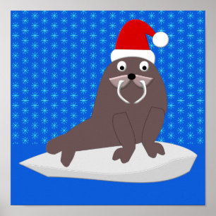Affiche Cute Christmas Walrus and Snowflakes
