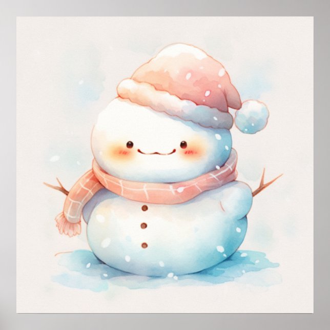 Affiche Cute Chubby Aquarelle Snowman (Devant)