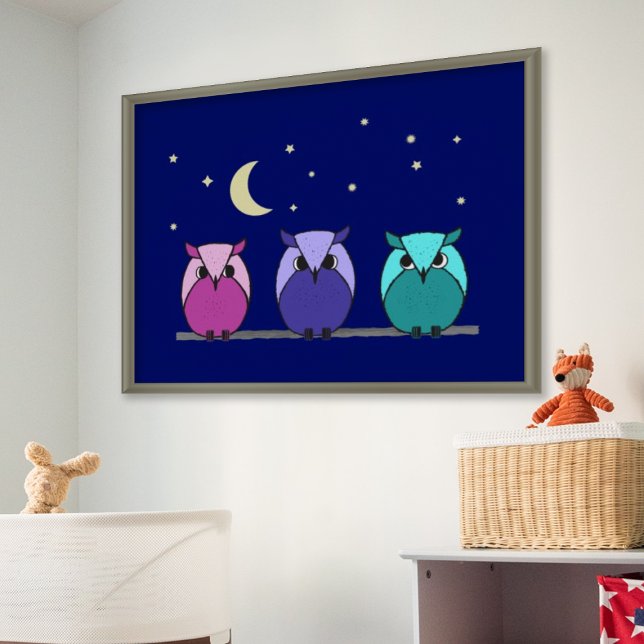 Affiche Cute Colorful Cartoon Owls Night Sky Print (Créateur téléchargé)