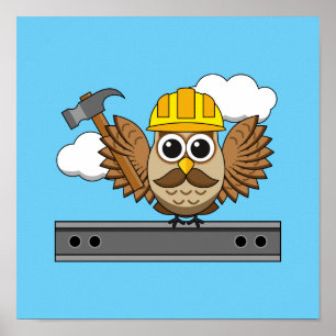 Affiche Cute Construction Worker Owl with Hard Hat Cartoon