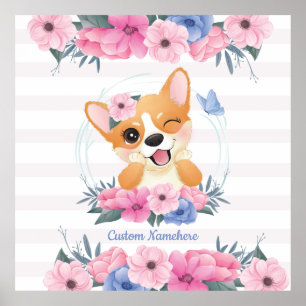 Affiche Cute Corgi Fleur de Chien Wreath Bleu Papillon Per