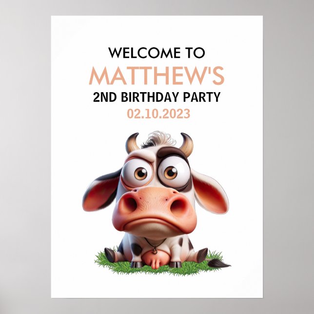 Affiche Cute Cow Farm Animaux 2e fête d'anniversaire Bienv (Devant)
