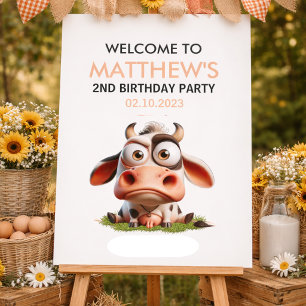 Affiche Cute Cow Farm Animaux 2e fête d'anniversaire Bienv