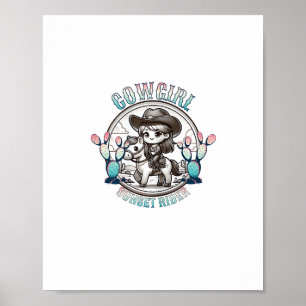 Affiche Cute Cow Girl Horse équitation Cowgirl Sunset Ride