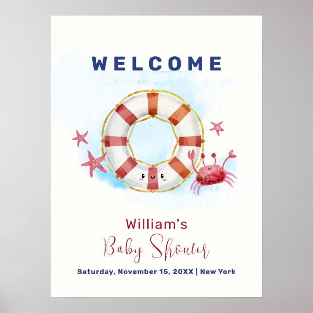Affiche Cute Crabe Nautique Baby shower Starfish Bienvenue (Devant)