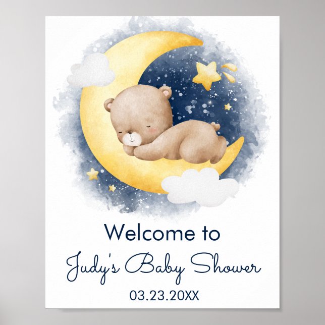 Affiche Cute Crescent Moon Teddy Bear Baby shower (Devant)