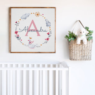 Affiche Cute cygne rose & couronne solaire florale avec mo