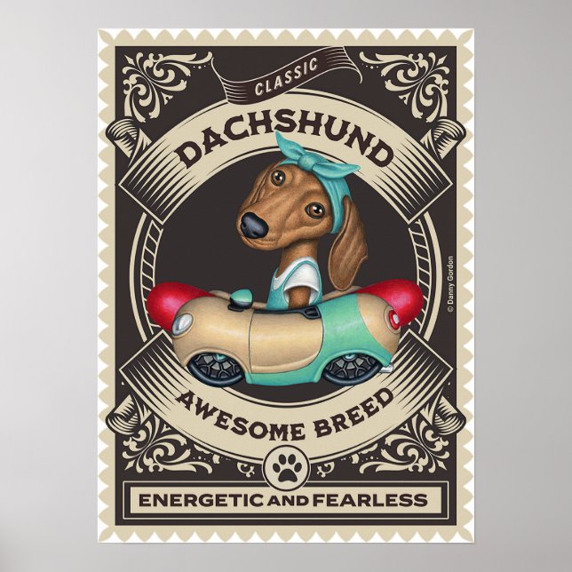 Affiche Cute Dachshund en voiture en forme de saucisse (Devant)